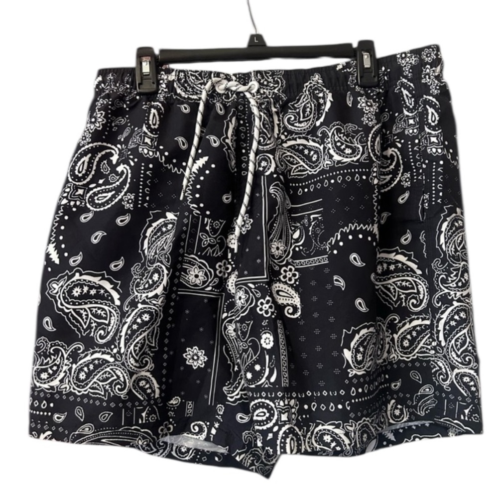 Men’s Black and White Paisley Swim Trunks